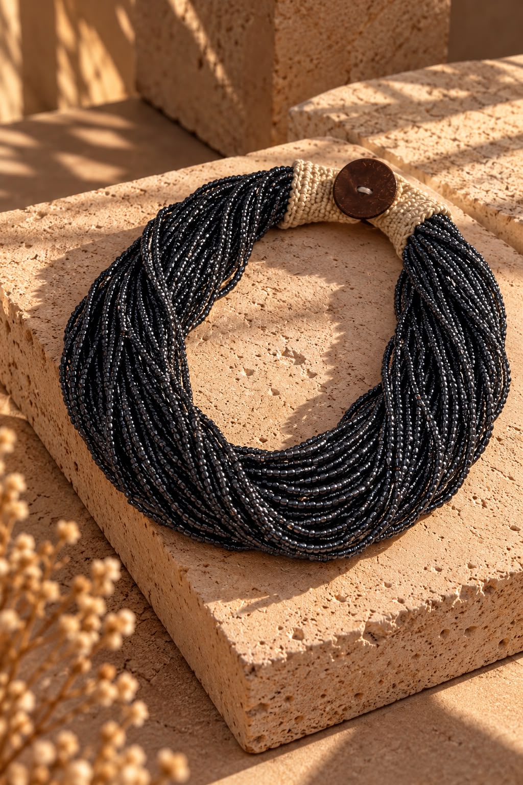 Multi-Rangs Rocaille Noire & Fermoir Tissé